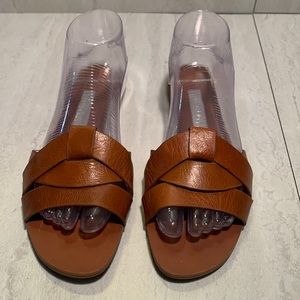 Zara Basic Collection Fashion Brown Leather Slides Crossed Flat Summer Sandals